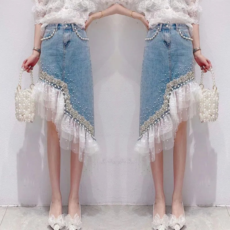 Denim Skirt Women Patchwork Lace Sweet Jupe 2025 Faldas Mujer De Moda Fashion Irregular Beading Summer Saia Bodycon Y2k Skirts