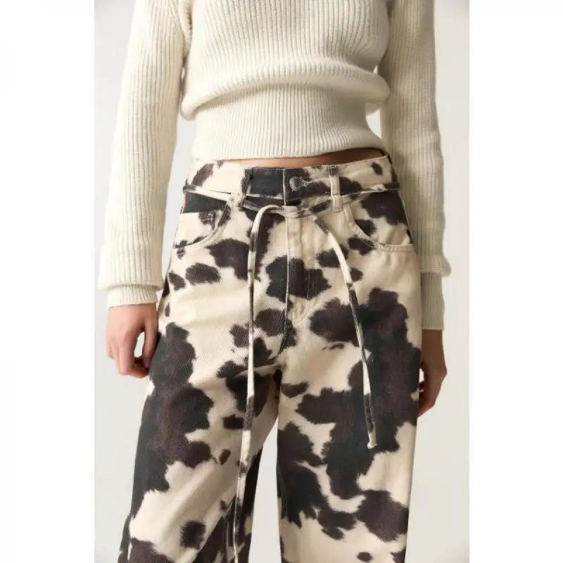 Vintage Cow Print Women's Jeans Y2K Washed Wide Leg Baggy Jeans Woman American Style Fashion Unisex Baggy Streetwear Denim Pants