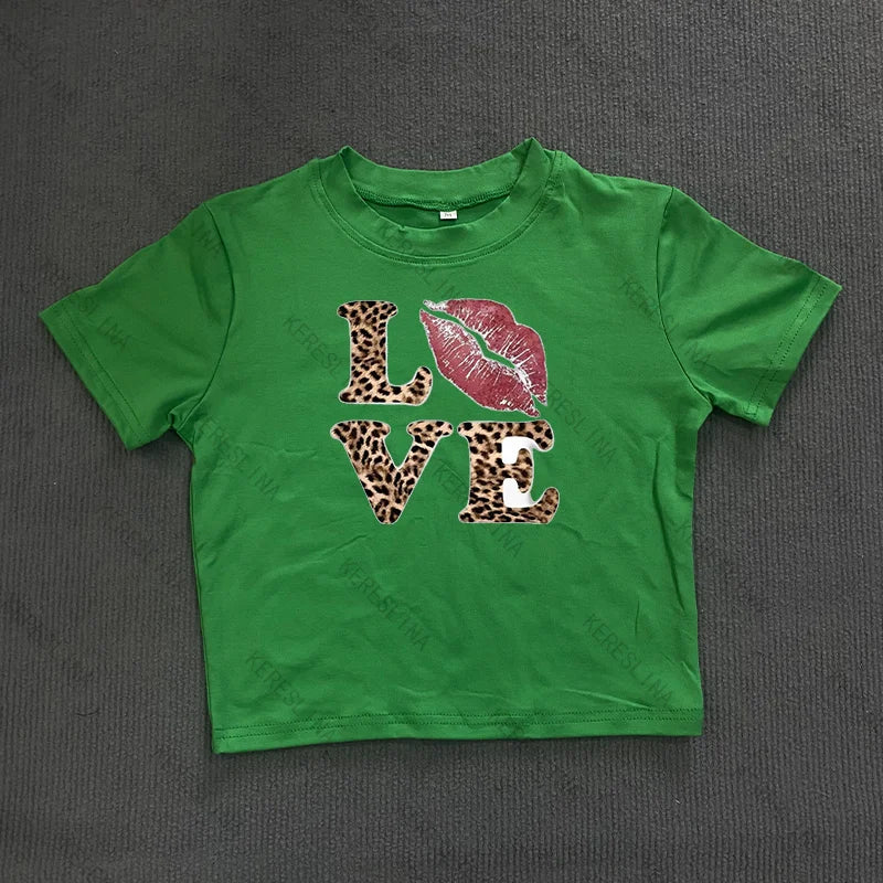 Y2k leopard LOVE Print spicy girl crop top Baby tee 2000s