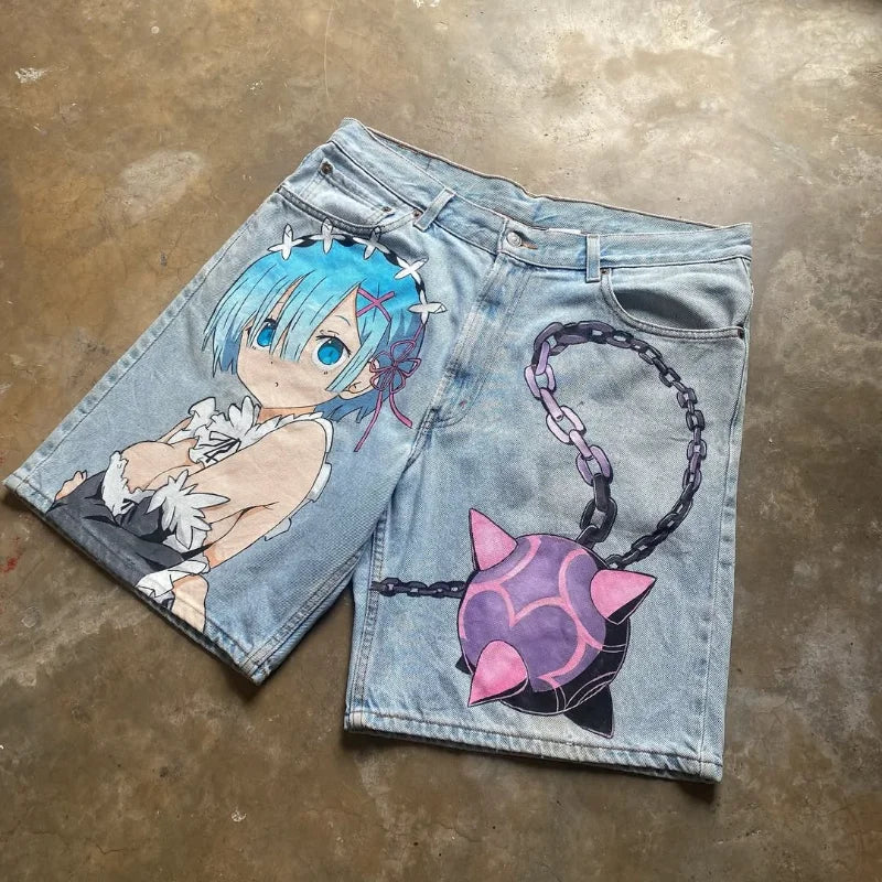 y2k Punk retro men and women jeans Fashion new streetwear quarter pants Goth Harajuku hip hop cartoon print casual loose shorts