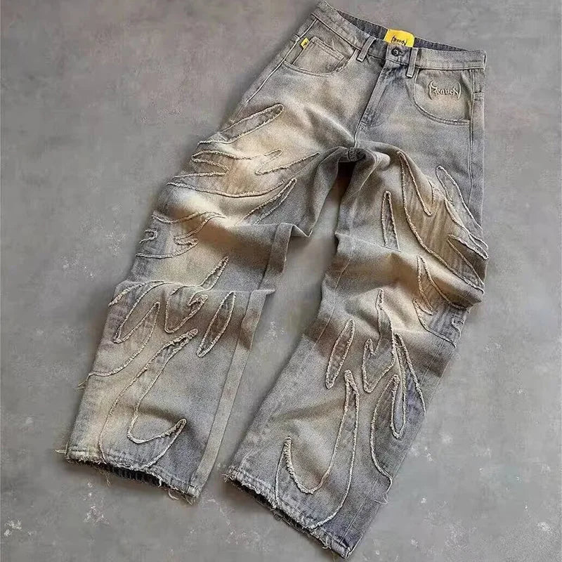 2025 Y2k Hip Hop Baggy Jeans Men's Street Fashion Raw Edge Embroidered Jeans Street Gothic Retro High Waisted Wide Leg Trousers