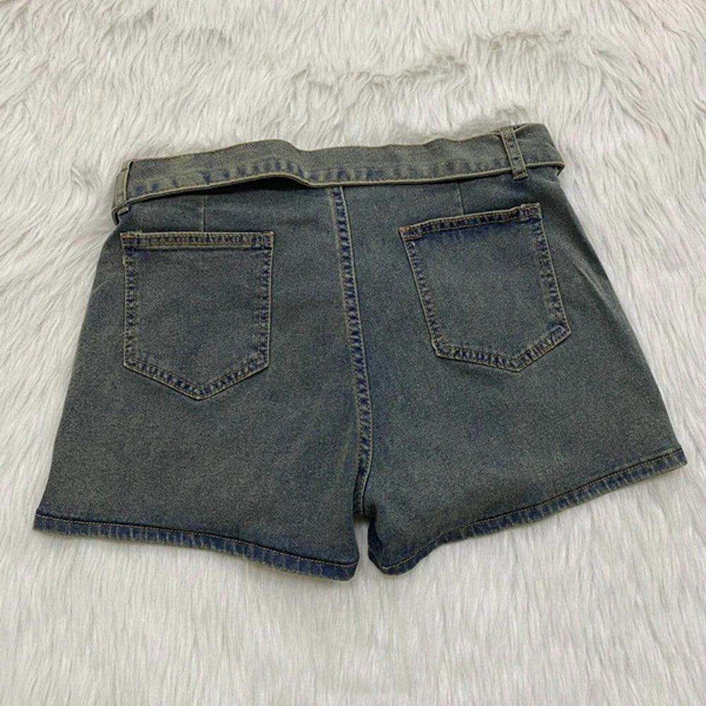 Chic Women Denim Short Skirt Y2k Street Wear Clothes 2025 Summer Sexy Irregular Vintage Washed Blue Belted Mini Jean Skirts