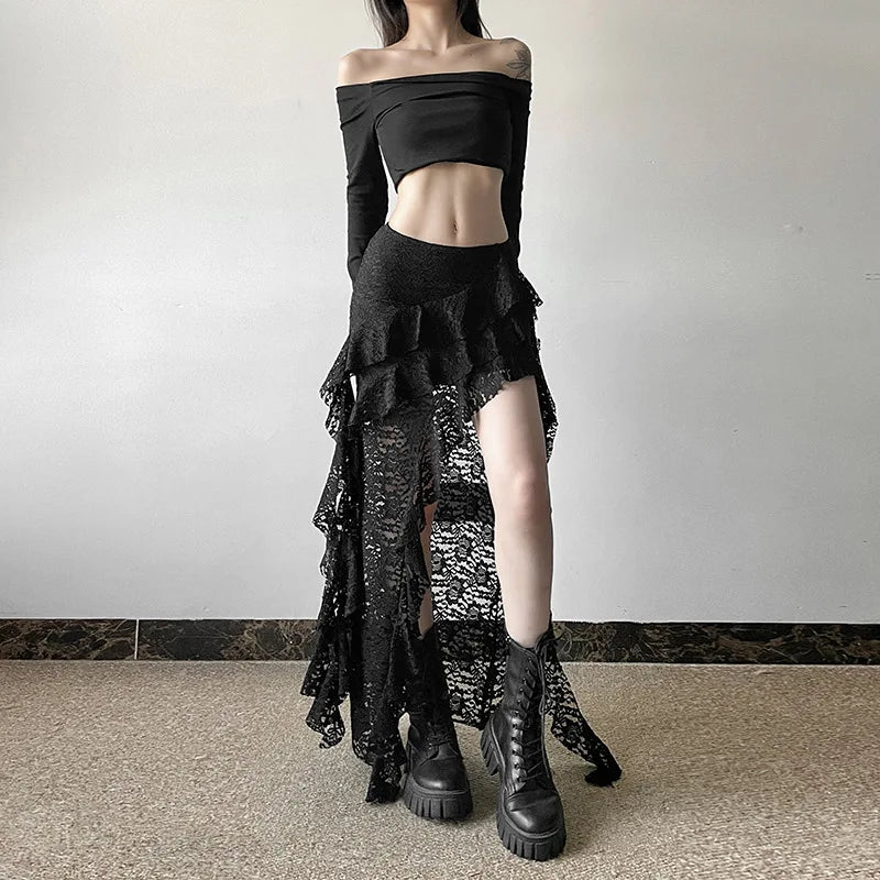BKLD 2025 Autumn New Women Clothing Black Skirts Sexy High Waist Lace Ruffles Patchwork Irregular Y2k Skirts Party Clubwear