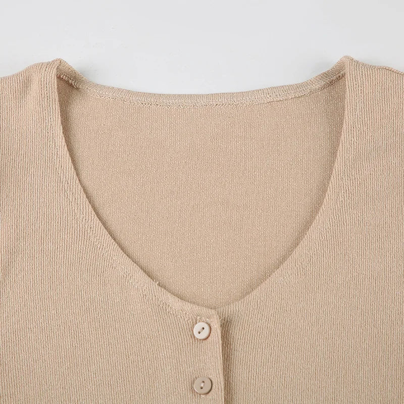 TARUXY Knitted Mini Dress Female 2025 Summer New Elegant V Neck Buttons Short Sleeve Dress High Elasticity Casual Women's Dress