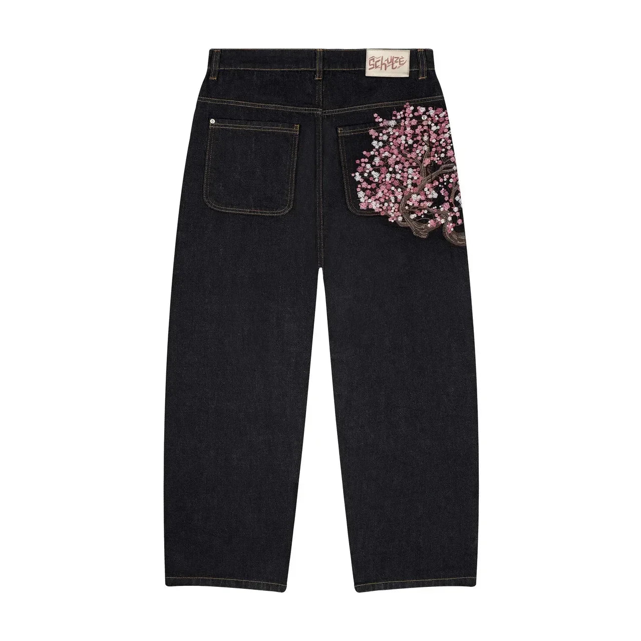 2025 New Y2K Baggy jeans Cherry Blossom Selvedge Embroidery Denim Pants men women denim fabric American Hiphop Streetwear W★★★★