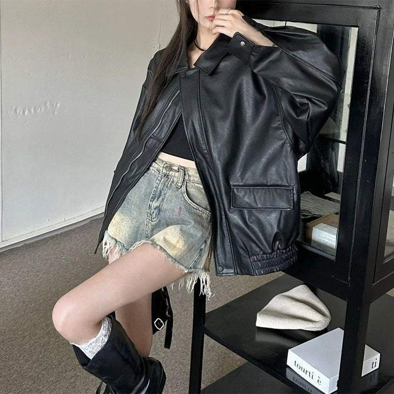 New American Retro Faux Leather Jacket Women Autumn Y2K Long Sleeve Pu Jackets Woman Stylish Loose Zipper Moto Biker Coats Mujer