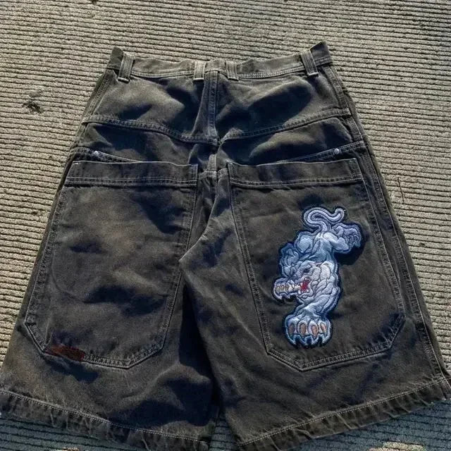 Y2K Baggy Shorts Gothic American Pocket Printing Denim Gym Shorts 2000s Vintage Streetwear Hip Hop Men Women Basketball Shorts