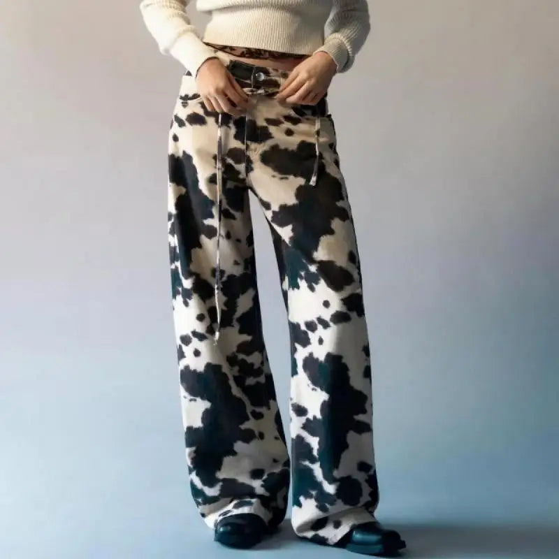 Vintage Cow Print Women's Jeans Y2K Washed Wide Leg Baggy Jeans Woman American Style Fashion Unisex Baggy Streetwear Denim Pants