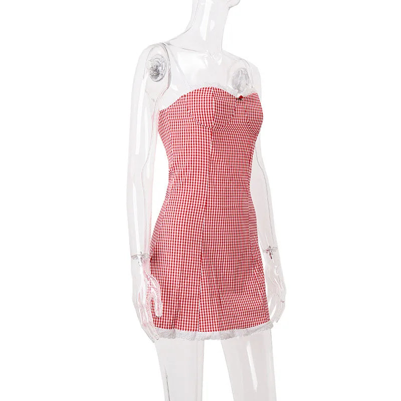 Women's Vintage Y2K Red Plaid Mini Dresses Sexy Backless Lace Spaghetti Strap Dress Woman Elegant Slim Evening Party Vestidos