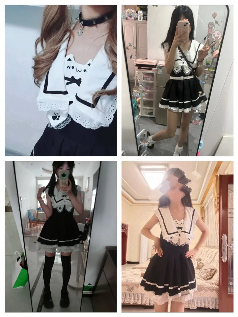 Women Y2k Aesthetic Lolita Style Bow Dress Shorts Set Japanese Gothic Lace Flare Sleeve Button Shirt Dress Punk Party Mini Dress