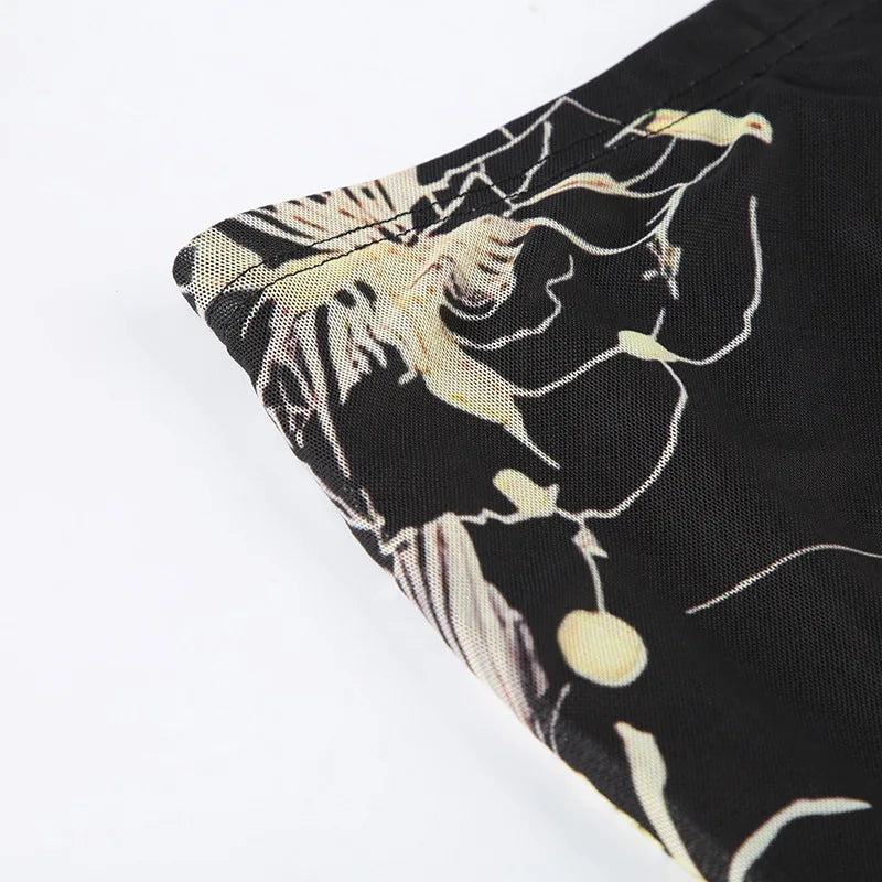 Y2K Double Layer Mesh A-line Skirt Women Fashion Florals Print Slim Skirts Fairy Streetwear Gothic Bottomsprint Print Mesh Skirt