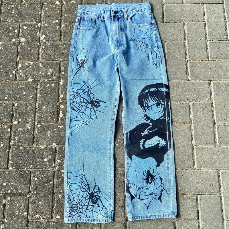 Y2k Anime Baggy Denim Trend Hand Drawn Printed Pattern New Men Women Pants Hip Hop Retro Harajuku Streetwear Unisex Casual Jeans