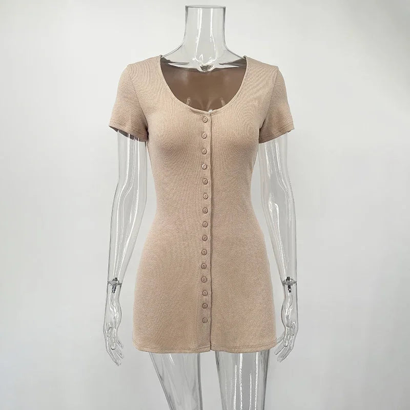TARUXY Knitted Mini Dress Female 2025 Summer New Elegant V Neck Buttons Short Sleeve Dress High Elasticity Casual Women's Dress