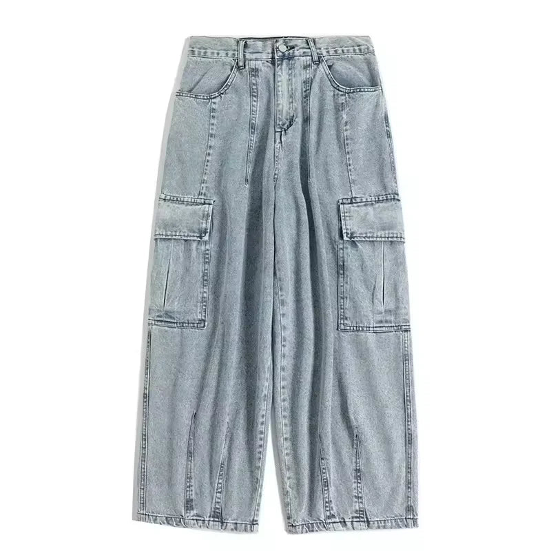 Men's Y2K Baggy Jeans Casual Wide Leg Denim Cargo Pants Autumn Multi-pockets Retro Washed Trousers Hip Hop Streetwear Pants Male