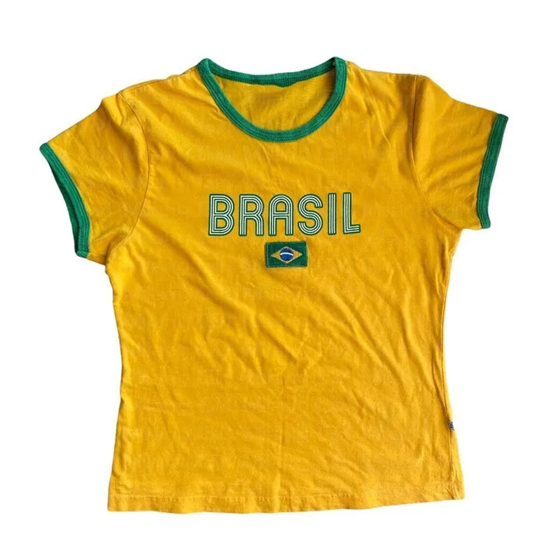 Y2k Women's T-shirt Embroidery Brazil Alphabet Print Baby Tee