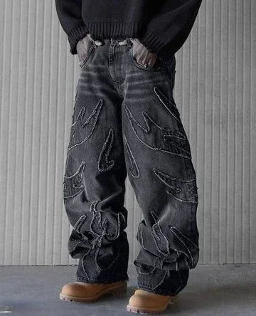 2025 Y2k Hip Hop Baggy Jeans for Men Distressed Retro Black Pants Embroidery Harajuku Gothic Wide Leg Trousers Streetwear Pants