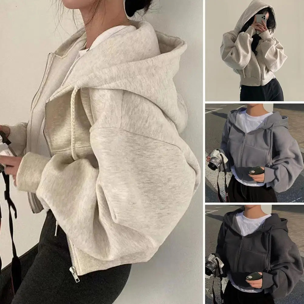Y2K Zip Up Hoodies Harajuku Oversized Women Short Hoodie Coat Casual Hood Sweatshirt Women Crop Tops Female Loose Jackets Coat