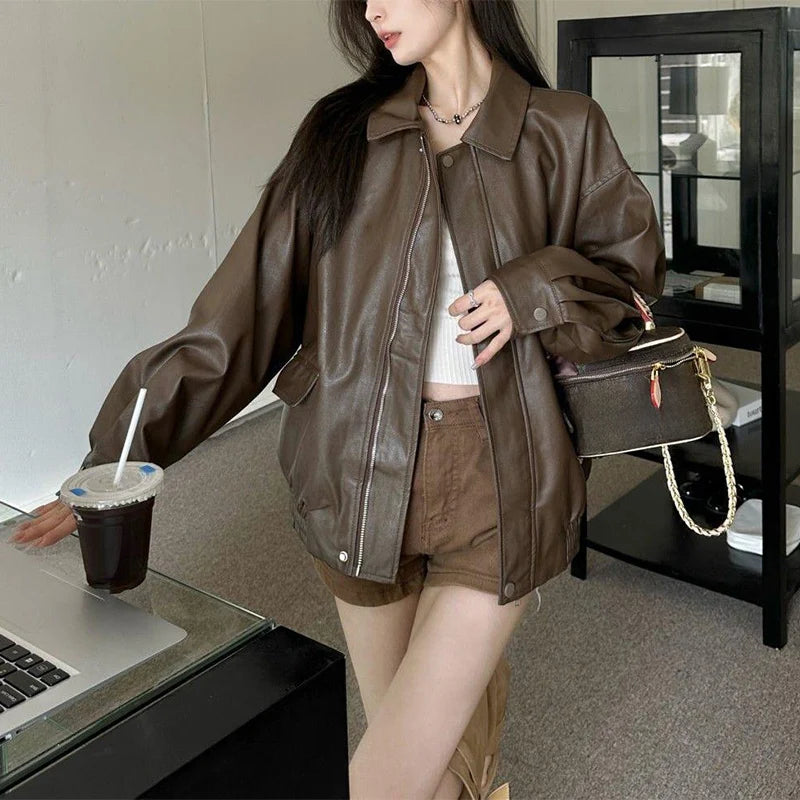 New American Retro Faux Leather Jacket Women Autumn Y2K Long Sleeve Pu Jackets Woman Stylish Loose Zipper Moto Biker Coats Mujer