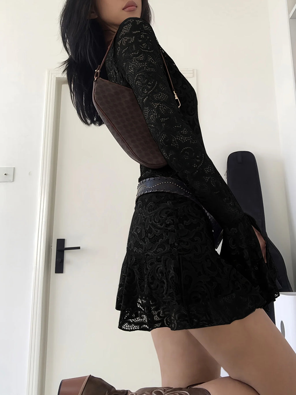 Summer Y2k Women's Dresses Sexy Sheer Mesh Lace Bodycon Dress Flared Long Sleeve V-Neck Mini Dress Party Club Evening Dresses