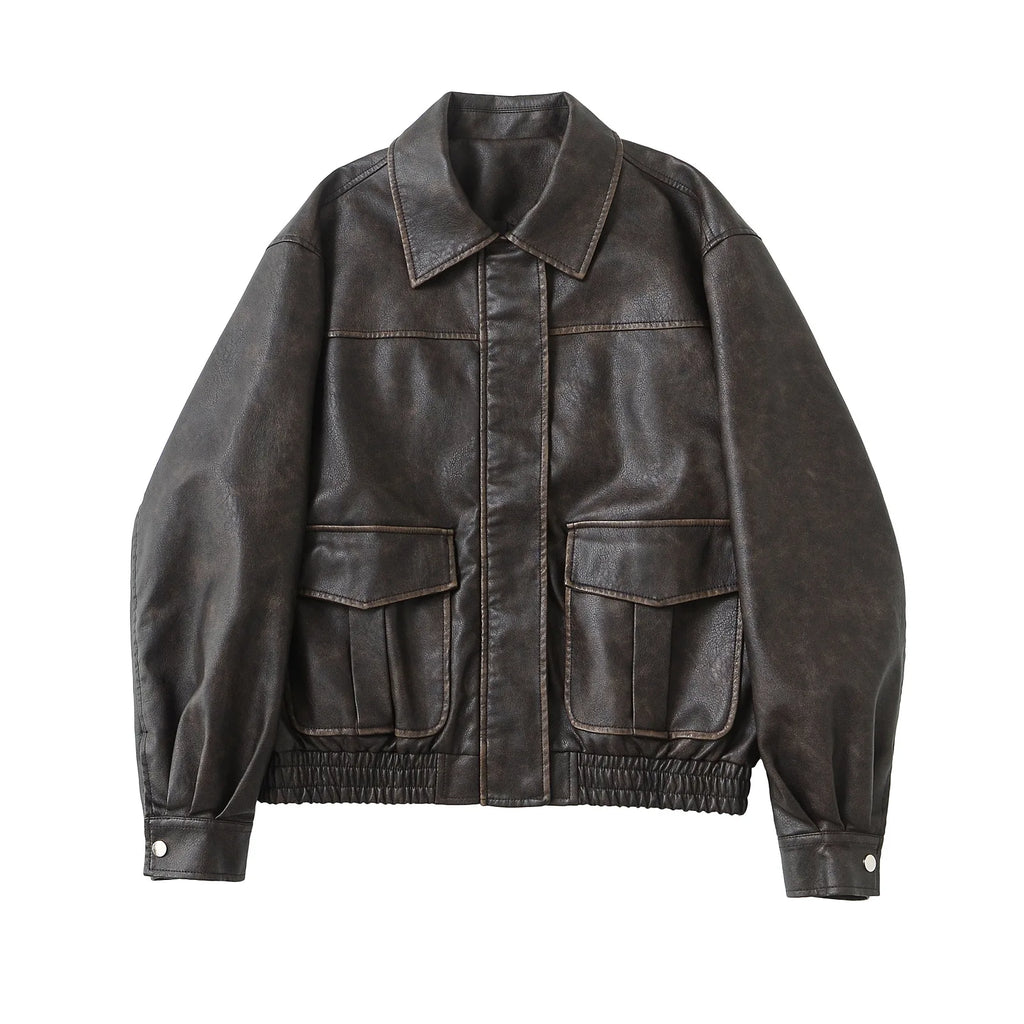 Faux Leather Women Jackets Pu Coats Turn Down Collar Coat Casual Loose Y2k Streetwear Splice Work Jacket Autumn Winter 2025