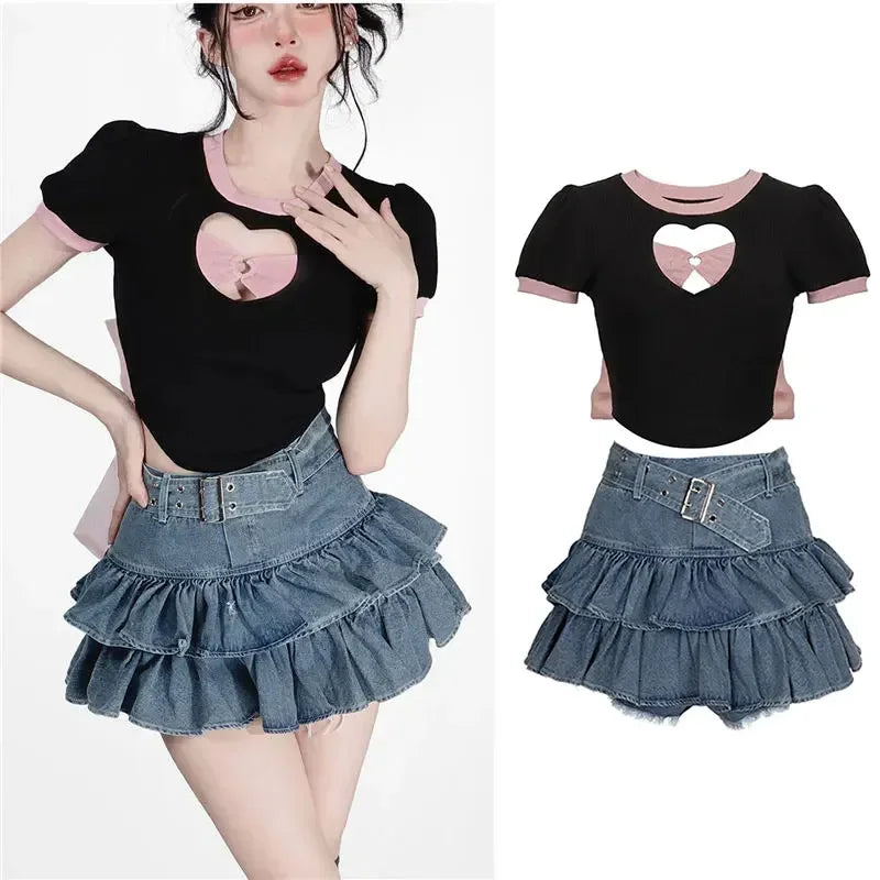 Y2k Skirt Set Bow Tie Love Hollow Out Crop Top Denim Ruffled Pleated Skirt 2 Piece Sets Women Summer Sexy Backless Outfits Suit