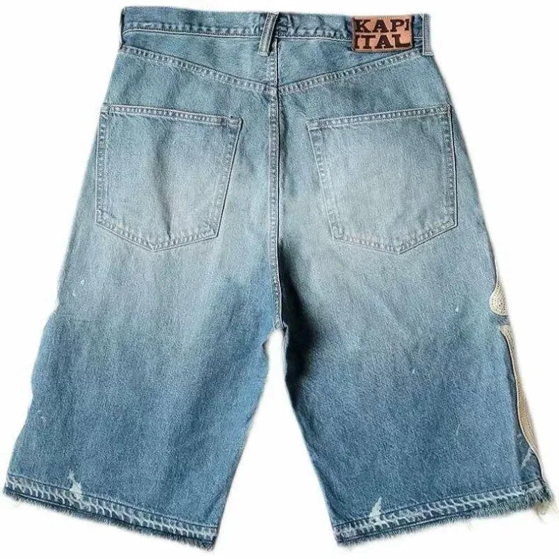 Deeptown Y2k Vintage Harajuku Denim Shorts Women Washed Patchwork Tassels American Retro Jeans Man Baggy Hip Hop Jorts Summer