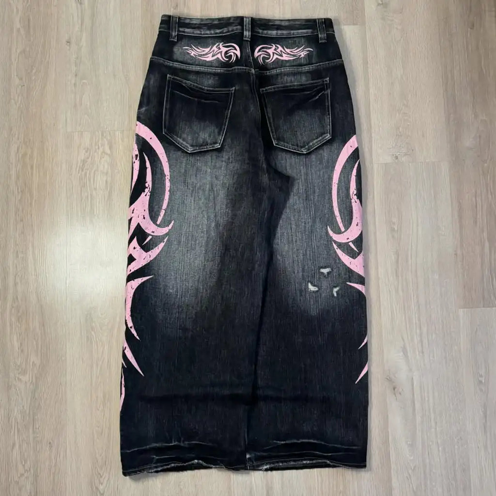 Y2K Pink Baggy Jeans Vintage Printing Pattern Washed Ripped Jeans Hip Hop Streetwear Harajuku Men Women Casual Wide Leg Jeans