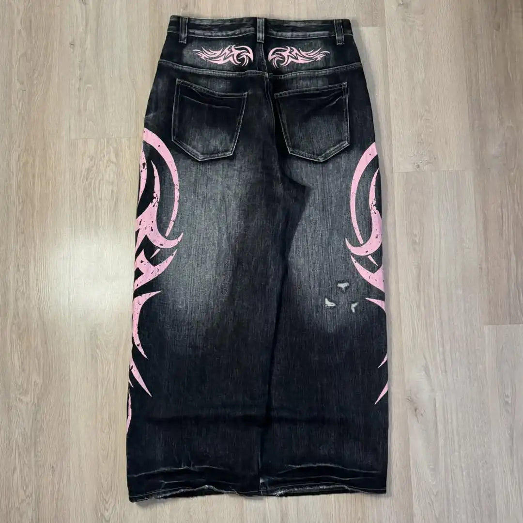 Y2K Pink Baggy Jeans Vintage Printing Pattern Washed Ripped Jeans Hip Hop Streetwear Harajuku Men Women Casual Wide Leg Jeans