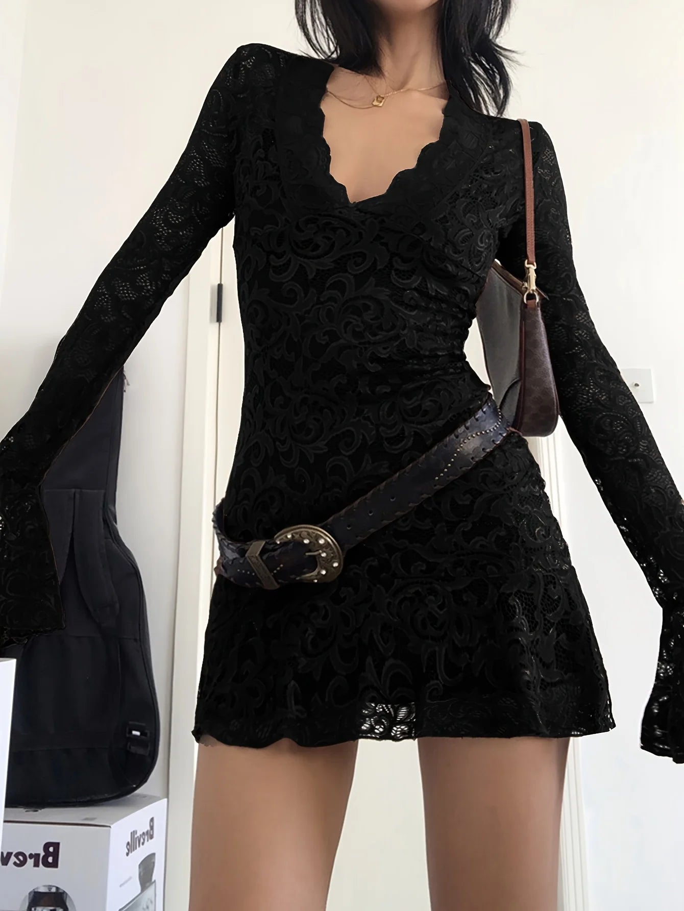 Summer Y2k Women's Dresses Sexy Sheer Mesh Lace Bodycon Dress Flared Long Sleeve V-Neck Mini Dress Party Club Evening Dresses