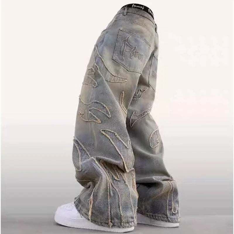 2025 Y2k Hip Hop Baggy Jeans Men's Street Fashion Raw Edge Embroidered Jeans Street Gothic Retro High Waisted Wide Leg Trousers