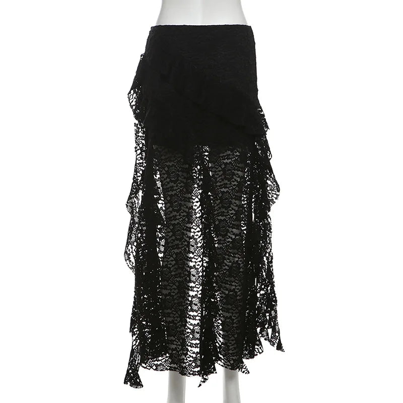 BKLD 2025 Autumn New Women Clothing Black Skirts Sexy High Waist Lace Ruffles Patchwork Irregular Y2k Skirts Party Clubwear
