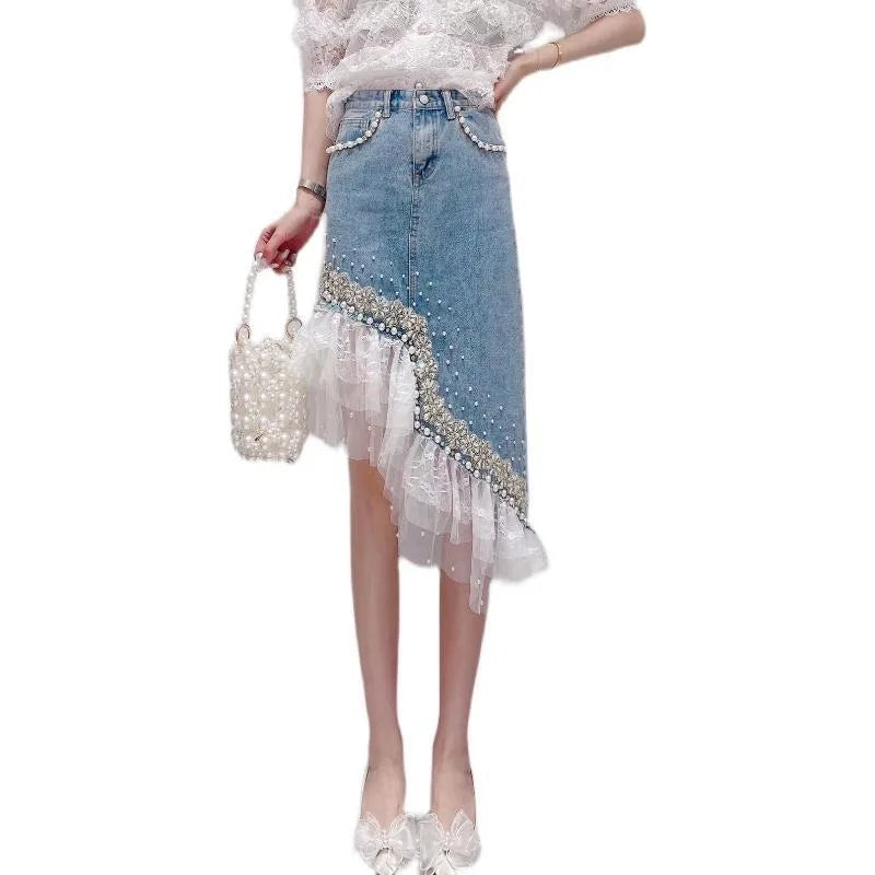 Denim Skirt Women Patchwork Lace Sweet Jupe 2025 Faldas Mujer De Moda Fashion Irregular Beading Summer Saia Bodycon Y2k Skirts