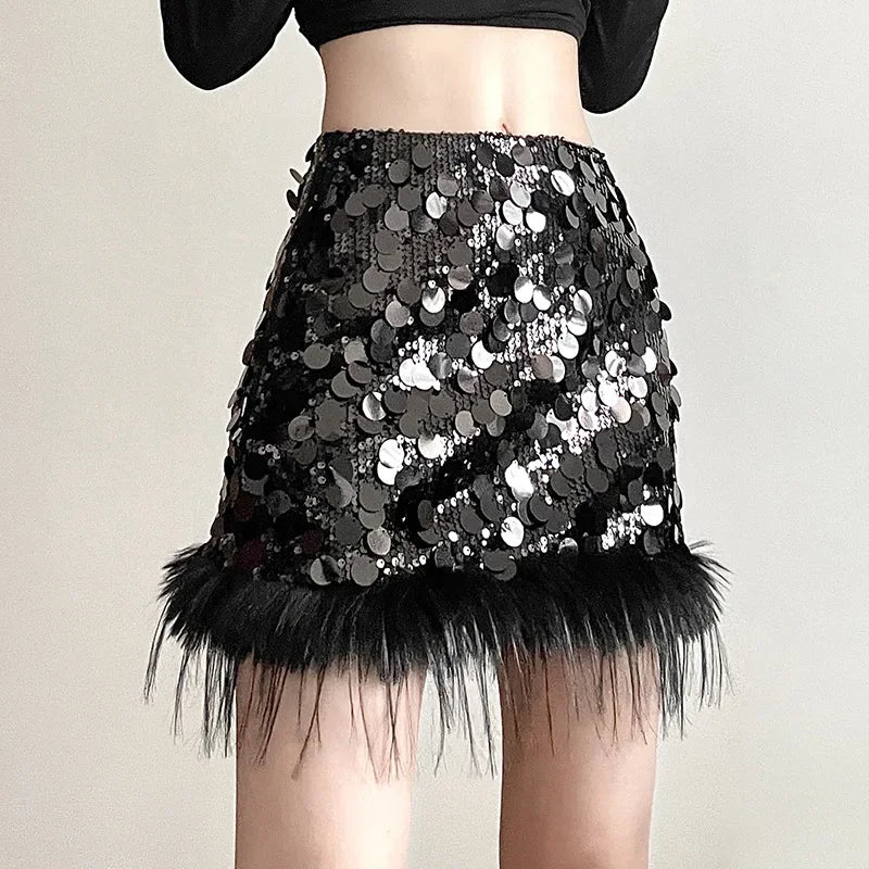 Sexy Mini Skirt Y2k Slim Women Clothing Feather Streetwear Sequined A-Line Faldones Para Mujer High Waist Casual Fashion Outfits