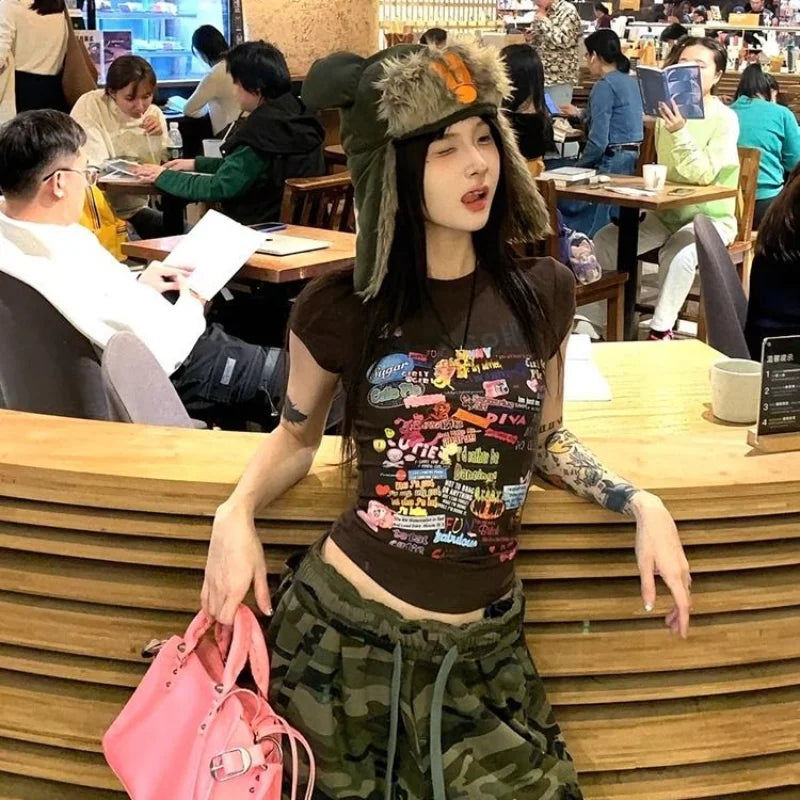 Y2K Women Printing T Shirts Summer Sexy Slim Short Sleeve Tops Female Fashion Gothic Streetwear Skinny Crop Tees New