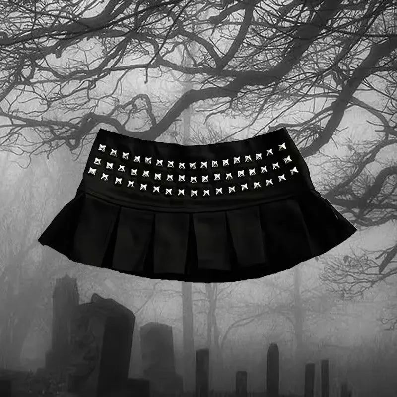 Y2K Sexy Women Clothes Vintage Harajuku Punk Rivet Pleated Skirts Hottie Skirt Summer New Street Gothic Solid E-girl Mini Skirt