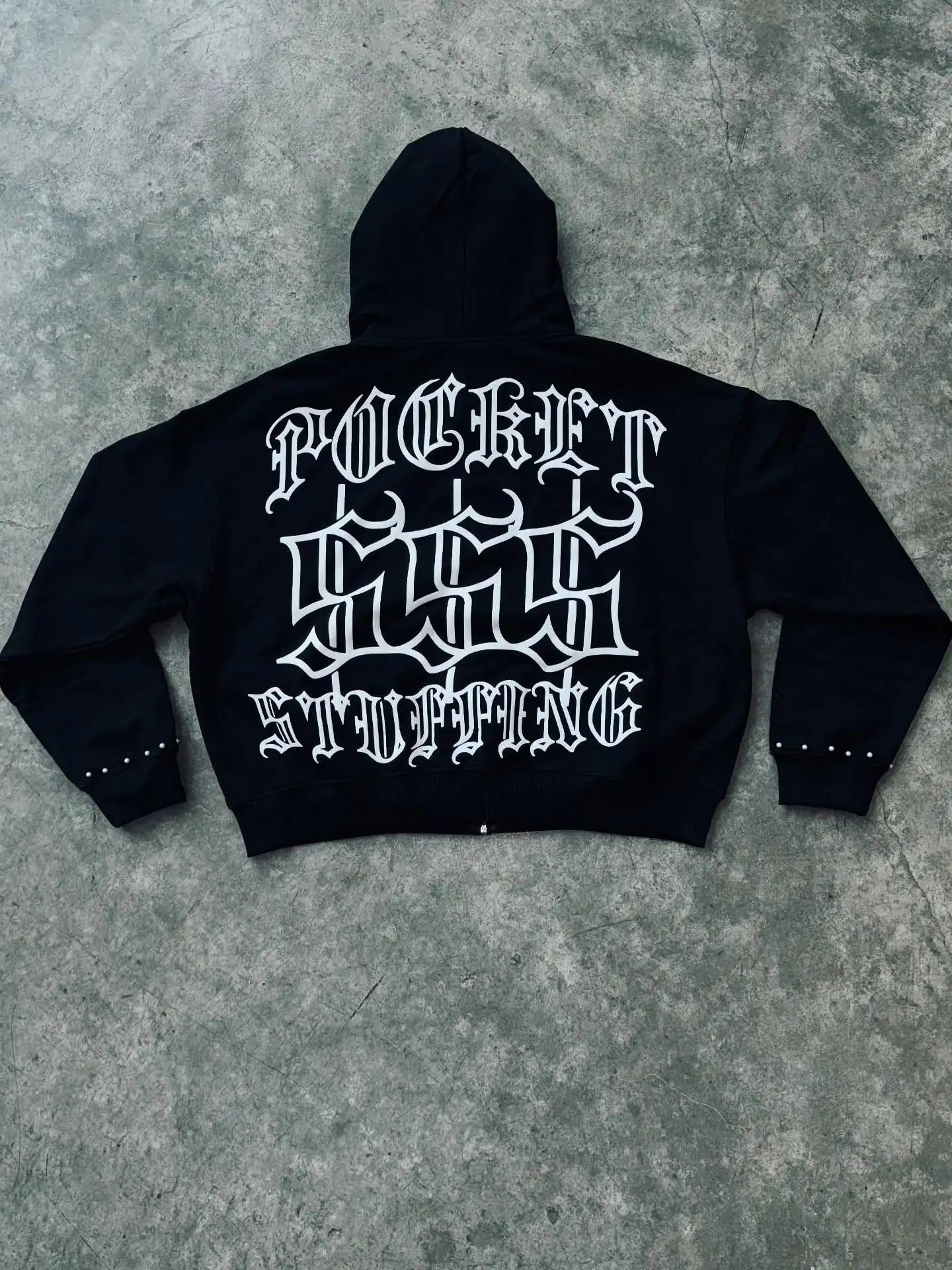 Y2K Style Hoodie with Pearl Details, Gothic Letter Print Zip-Up Hooded Sweatshirt