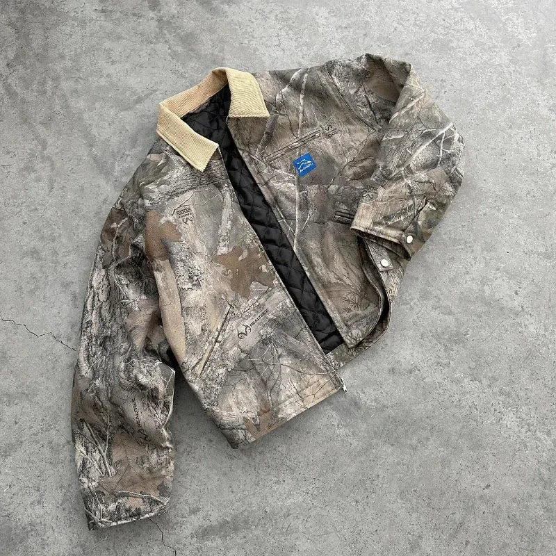 Y2K vintage camouflage men jacket American style street casualwear V neck polo top fashion pattern men women sweatshirt Jacket