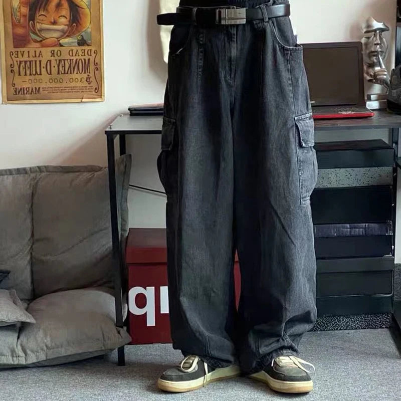 Men's Y2K Baggy Jeans Casual Wide Leg Denim Cargo Pants Autumn Multi-pockets Retro Washed Trousers Hip Hop Streetwear Pants Male