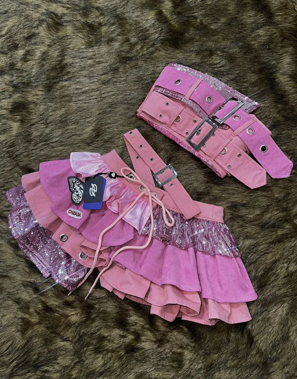 Y2k Skirts Suit 2000s Sexy Party women Clothes  Ultra-Mini Crop Tops Punk Vintage Grunge Hip Hop Sparkling cake skirt Kpop Suits