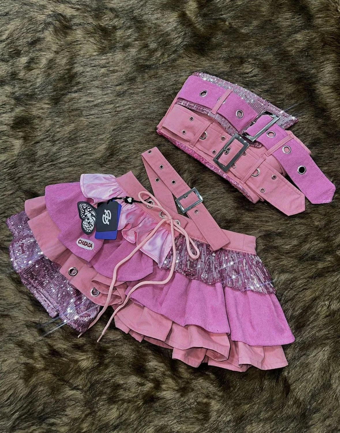 Y2k Skirts Suit 2000s Sexy Party women Clothes  Ultra-Mini Crop Tops Punk Vintage Grunge Hip Hop Sparkling cake skirt Kpop Suits