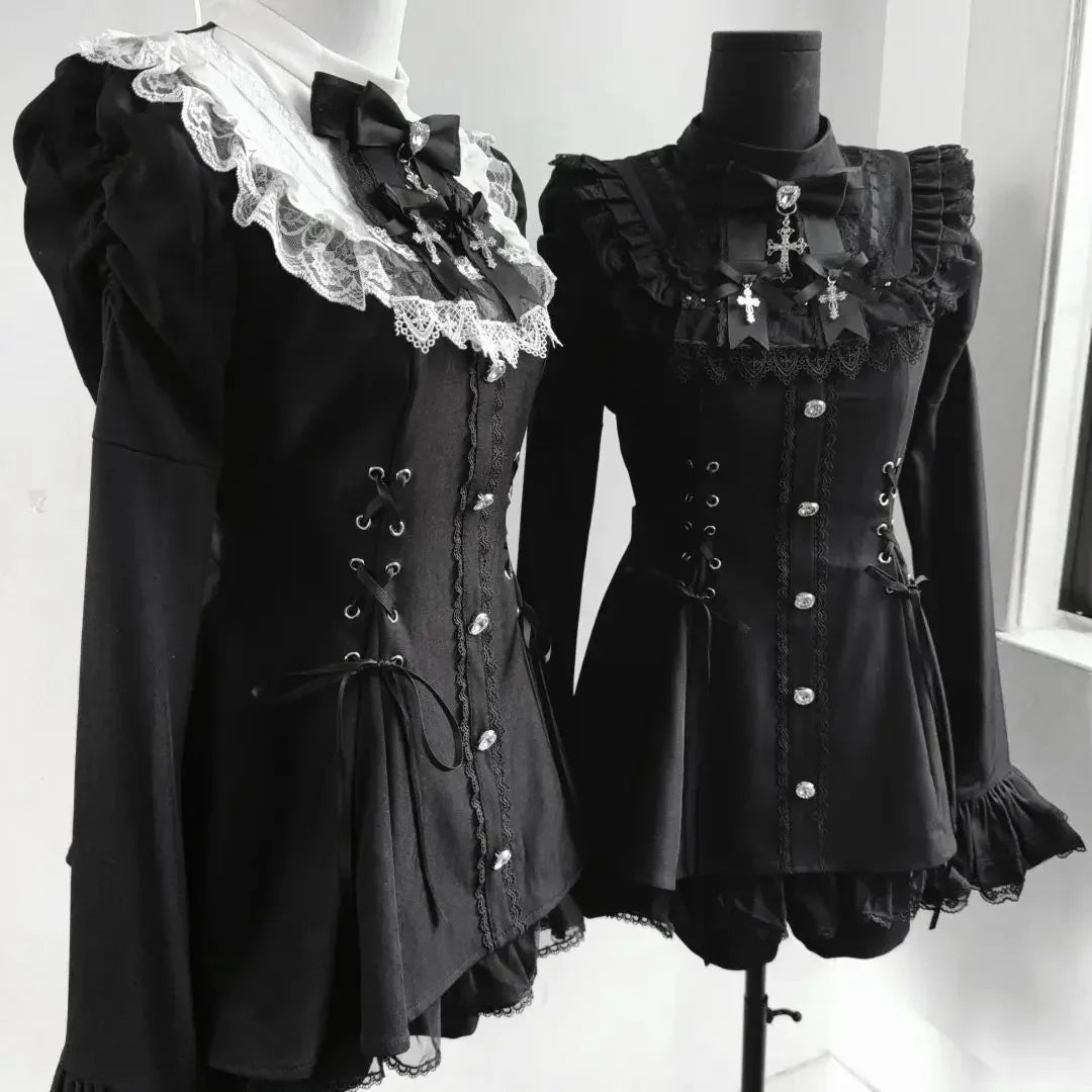 Women Y2k Aesthetic Lolita Style Bow Dress Shorts Set Japanese Gothic Lace Flare Sleeve Button Shirt Dress Punk Party Mini Dress