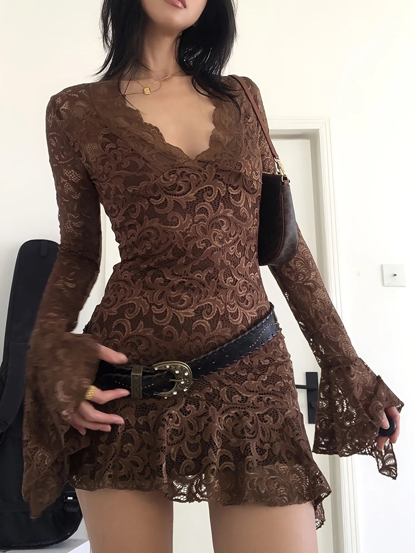 Summer Y2k Women's Dresses Sexy Sheer Mesh Lace Bodycon Dress Flared Long Sleeve V-Neck Mini Dress Party Club Evening Dresses