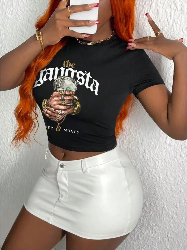Y2k Money Jewelry Letter Print Cotton Women Crop T-shirts Tee Shirts