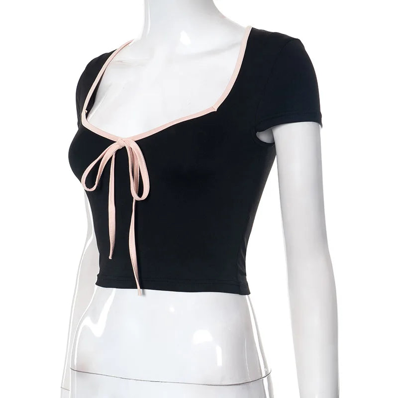 Y2k Summer Crop Top Bow Baby Tees