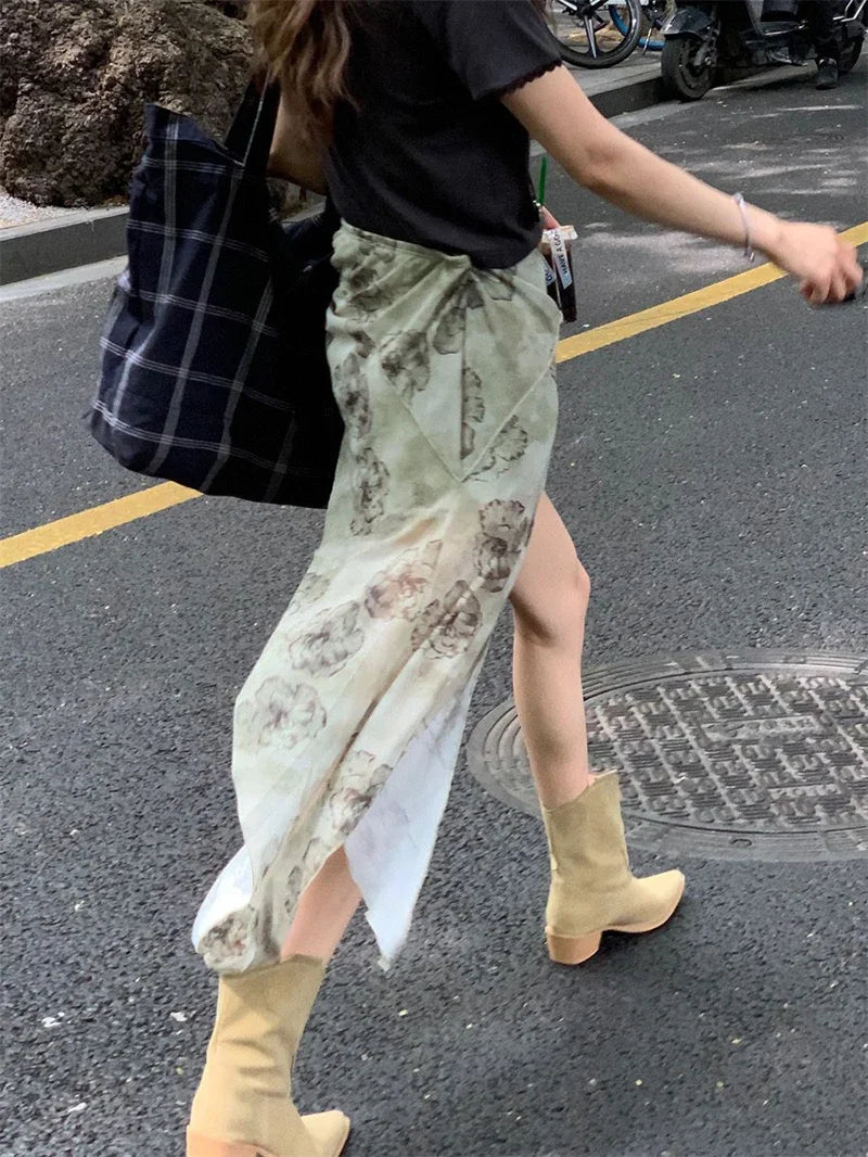 Y2K 2000S Asymmetric Mini Skirt Women Gothic Harajuku Floral Print Hip Wrap Skirts Summer Korean Aesthetic Slim A Line Skirt New