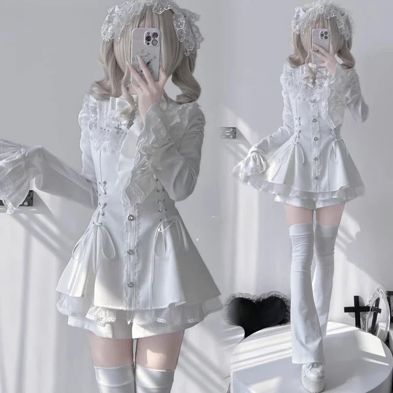 Women Y2k Aesthetic Lolita Style Bow Dress Shorts Set Japanese Gothic Lace Flare Sleeve Button Shirt Dress Punk Party Mini Dress