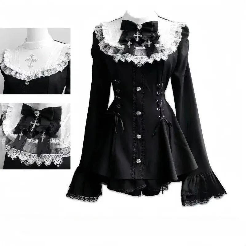 Women Y2k Aesthetic Lolita Style Bow Dress Shorts Set Japanese Gothic Lace Flare Sleeve Button Shirt Dress Punk Party Mini Dress