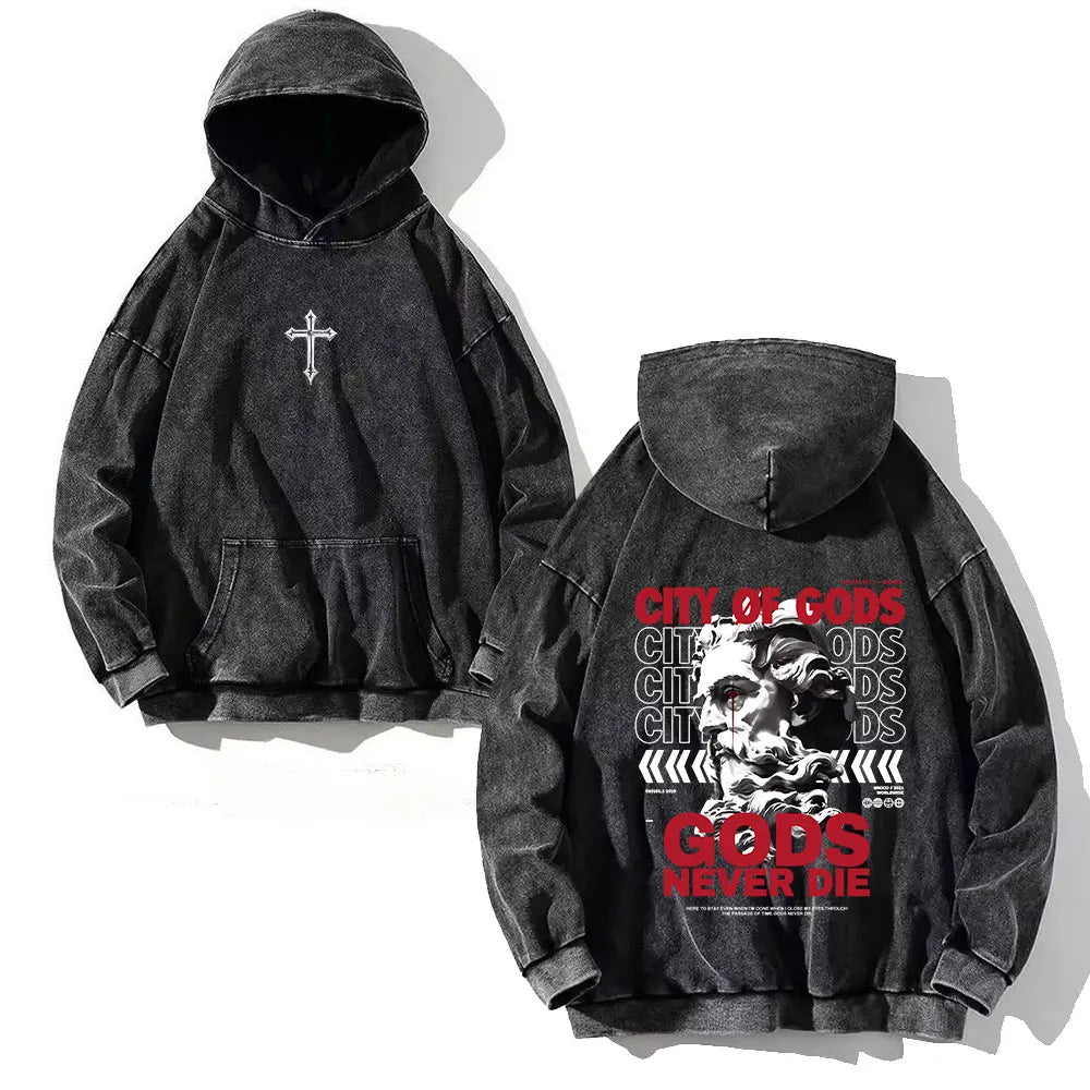 Vintage Y2K Cross Printed Washed Hoodie Cotton Long Sleeve Hip Hop Men Winter Clothing Fashion Casual Hip Hop Hooded Sweatshirt