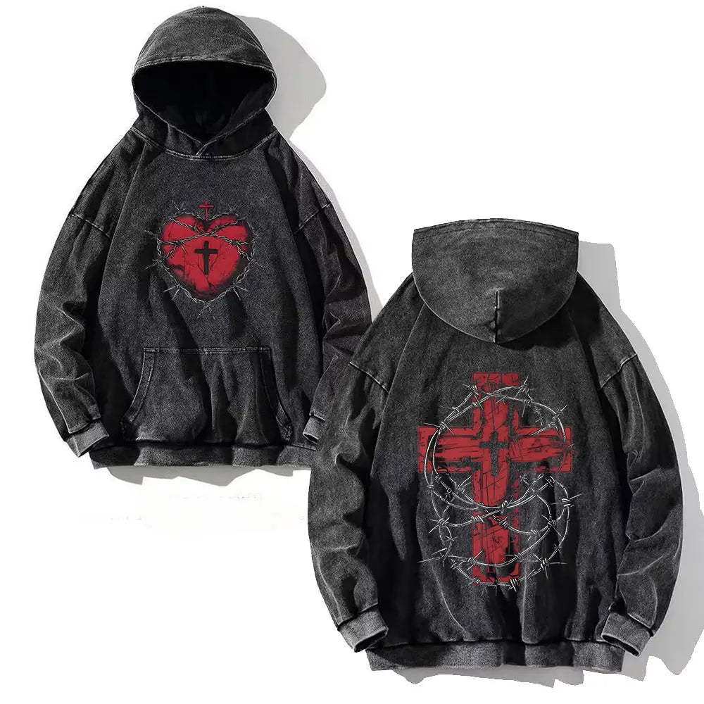 Vintage Y2K Cross Printed Washed Hoodie Cotton Long Sleeve Hip Hop Men Winter Clothing Fashion Casual Hip Hop Hooded Sweatshirt