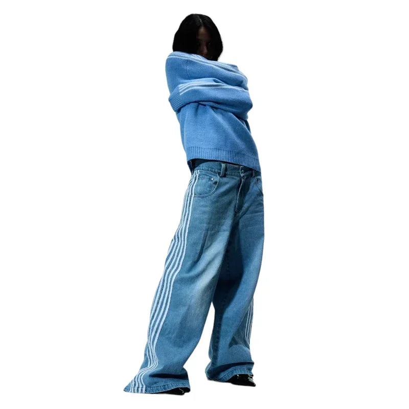 Y2K Baggy Jeans Harajuku vintage Striped Embroidered high quality Sweatpants men women Hip Hop Casual wide leg jeans streetwear